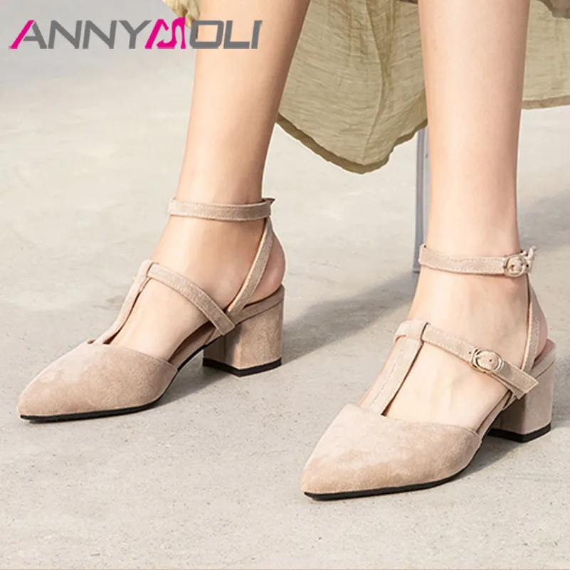 

ANNYMOLI Ankle Strap High Heel Shoes Women Pumps Pointed Toe Block Heels Buckle Footwear Summer Female Shoes Apricot Big Size 43