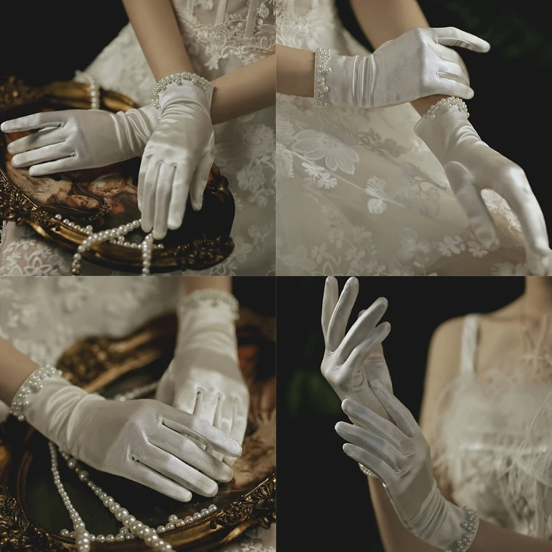 

Wedding Bridal Vintage Satin Short Gloves Imitation Pearl Beaded Princess Prom Wrist Length Elastic Full Finger Mittens