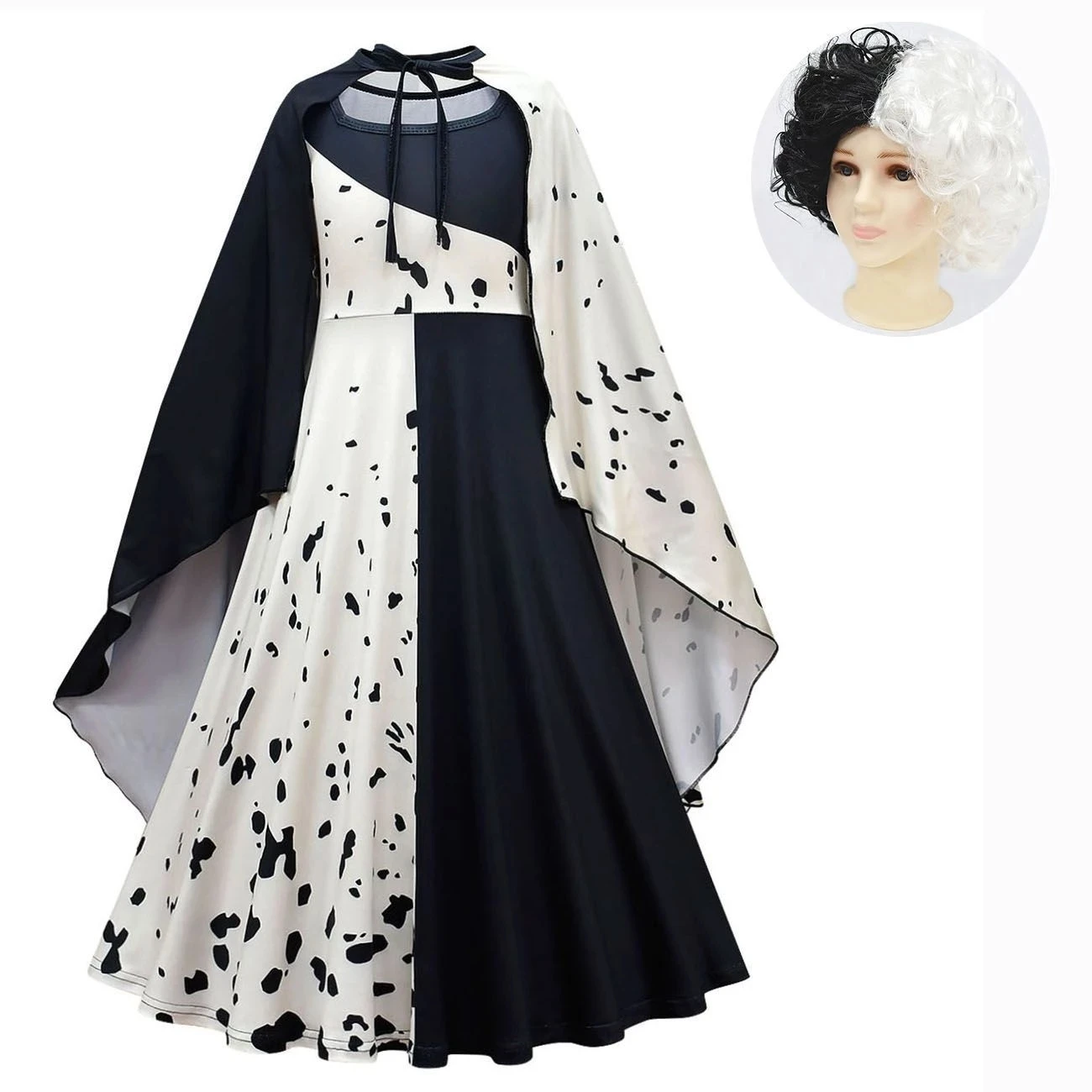 Женский костюм горничной Cruella De Vil черно-белый в горошек для Хэллоуина |