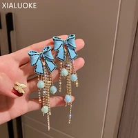 xialuoke vintage blue bowknot drop earrings for women elegant lovely long tassel crystal beads earring party jewelry accessories