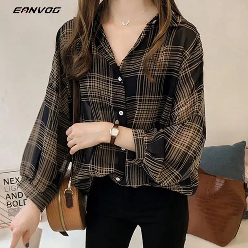 

Spring Autumn Plaid Shirts Women Batwing Sleeve Chiffon Blouses Casual Chemise Femme Tops Plus Size Tartan Blusas Mujer M-4XL