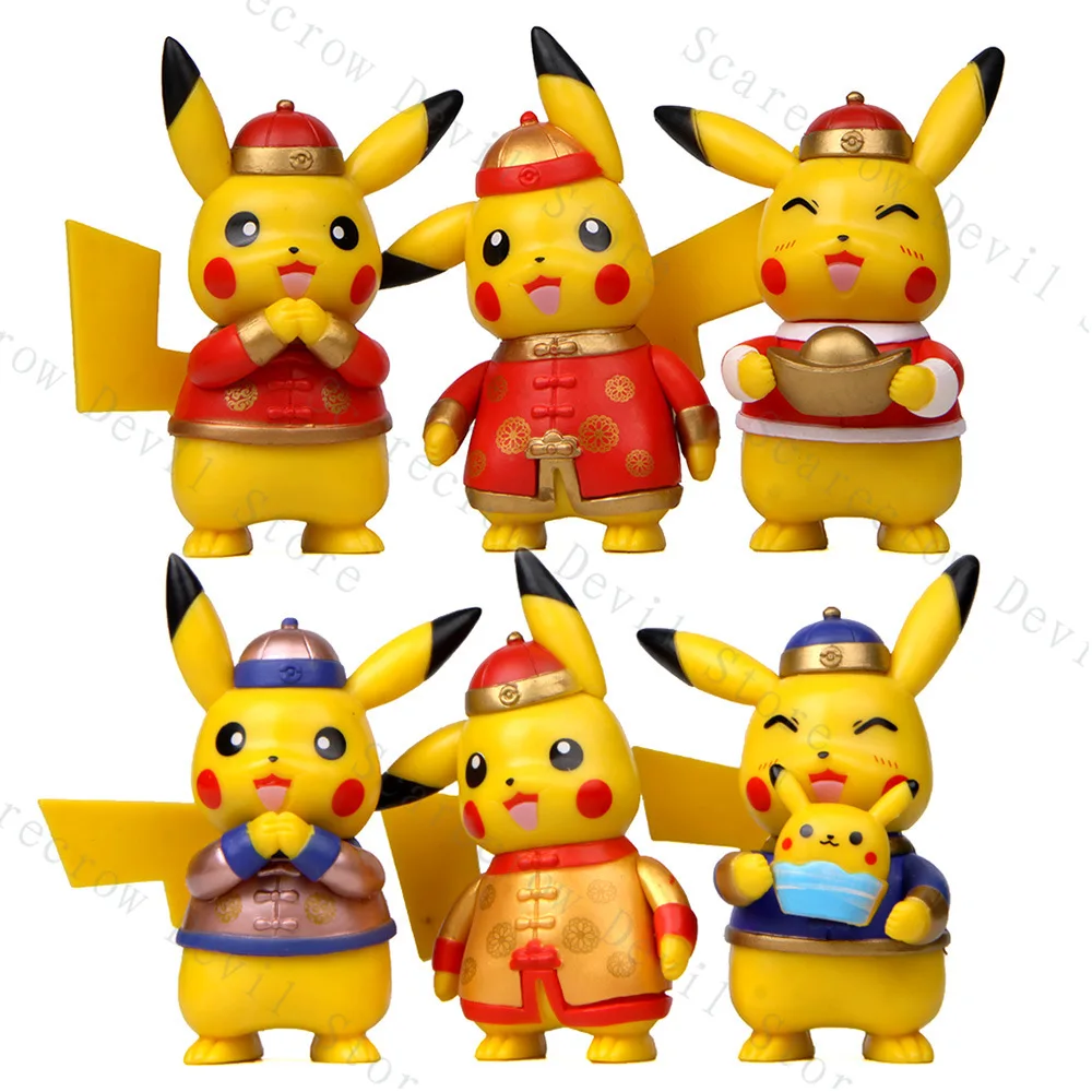 

6PCS/Set Pokemon Anime Figures Pikachu Models Chinese New Year Festive Edition Doll Desktop Creative Decoration for Children