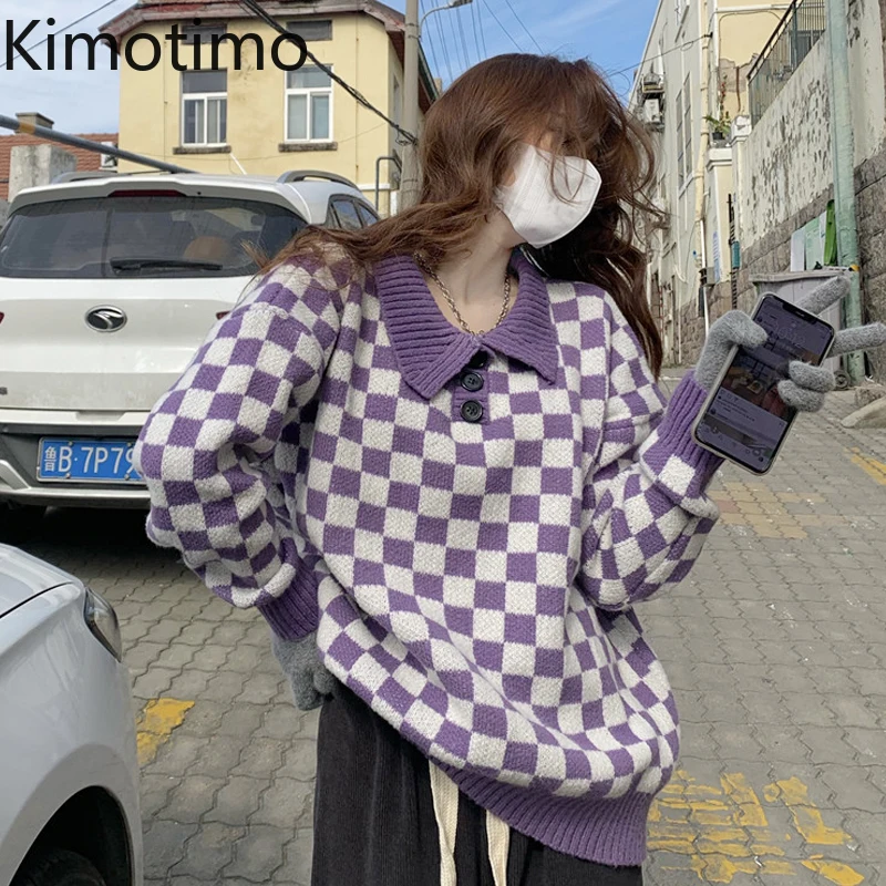 

Женский свитер в шахматную клетку Kimotimo, сезон осень-зима 2021, контрастный пуловер в японском стиле, Свободный Вязаный Кардиган с длинным рука...
