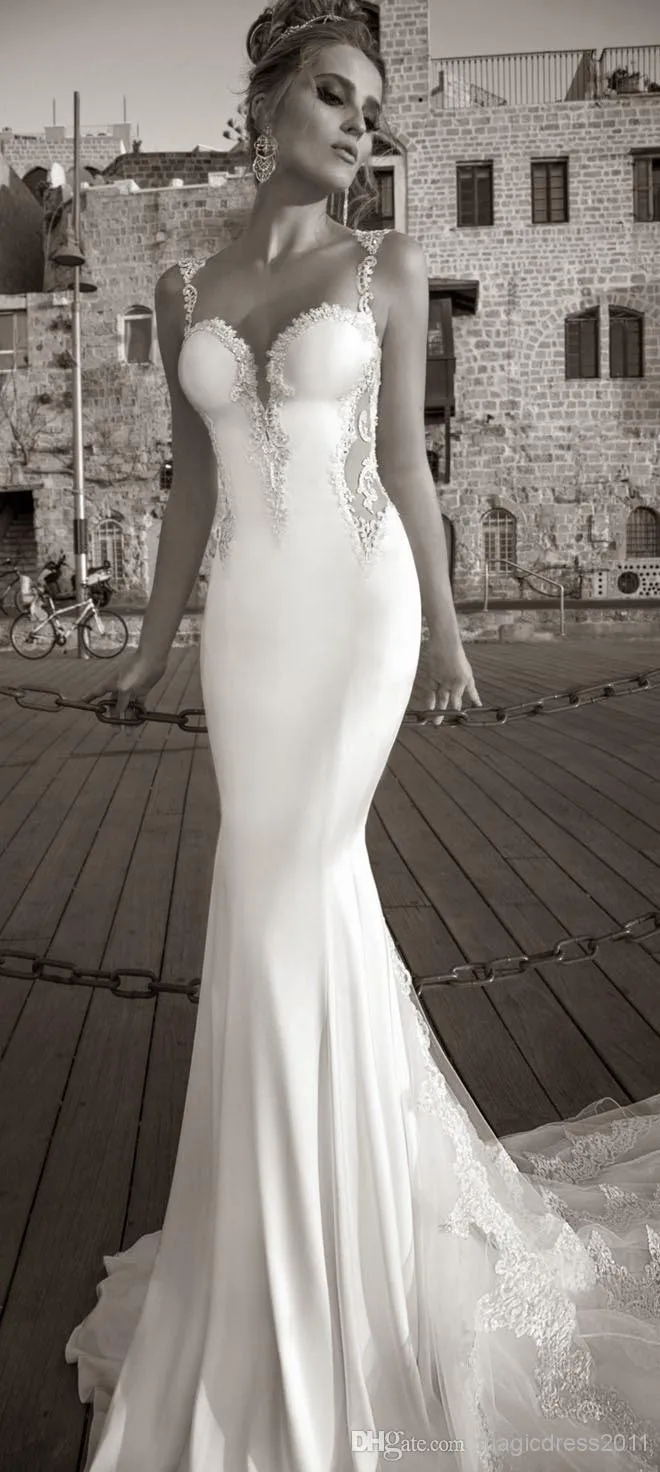 

Best Selling 2015 Summer White Lace mermaid Wedding Dress appliques beading bride dresses spaghetti Straps see through back