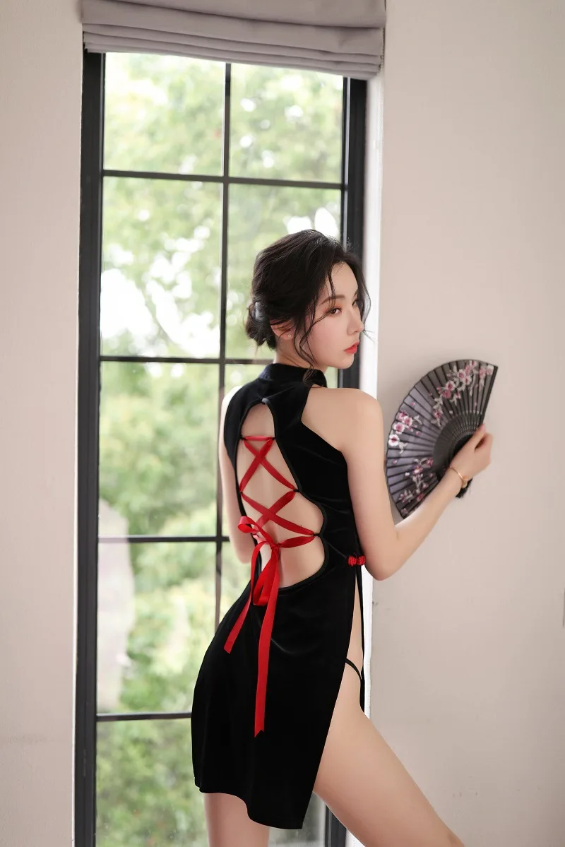 Женская ночная рубашка Cheongsam черная пикантная красная бандажная с открытой