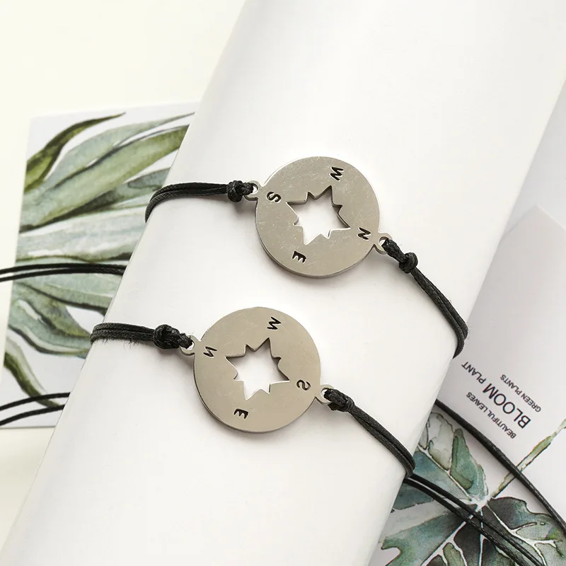 

Fashion 2-Piece Stainless Steel Compass Hand-Knitted Bracelet On Card Wax Cord Jewelry