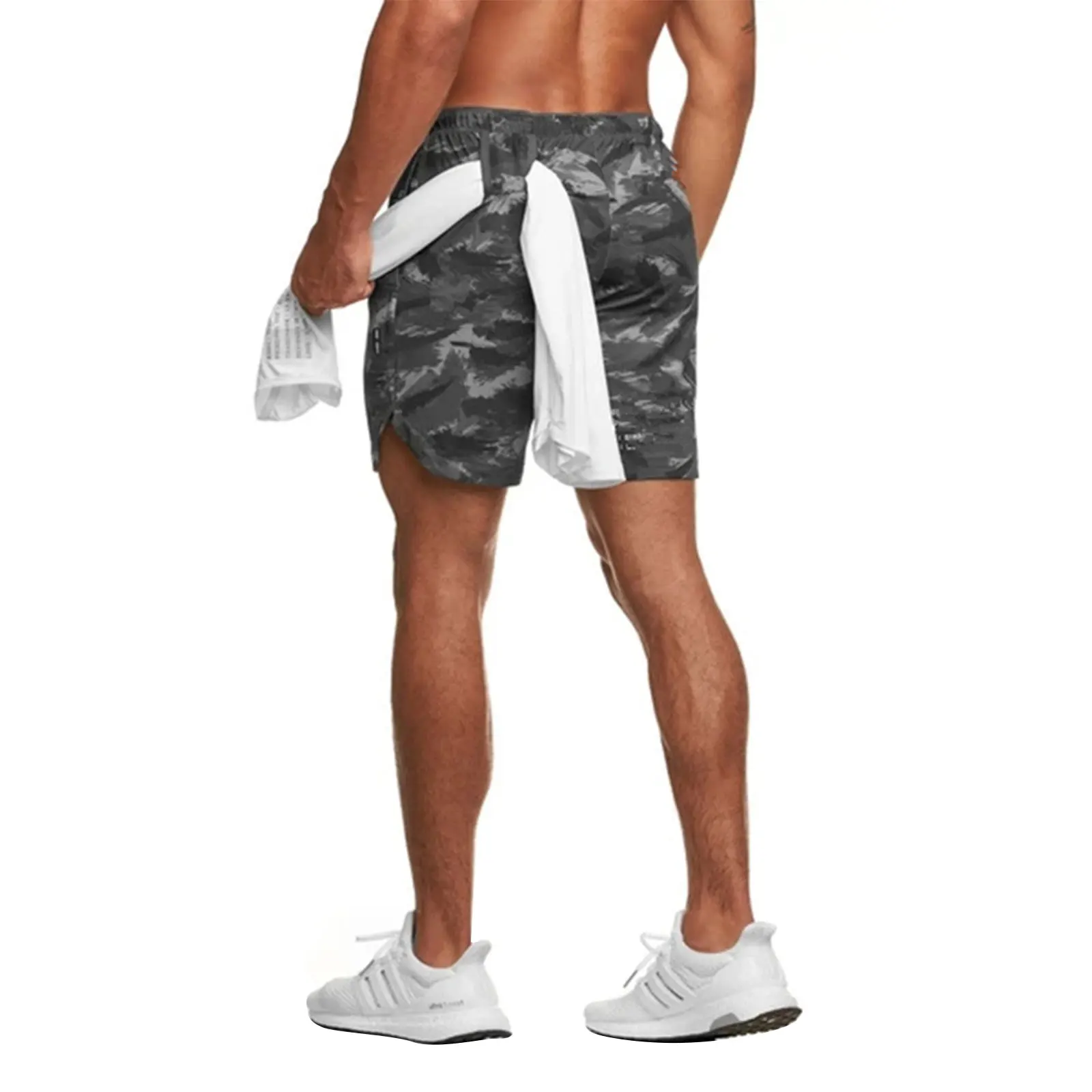 

Men's Run Short Pants, Camouflage Print Elastic Waist Sports Pants with Drawstring