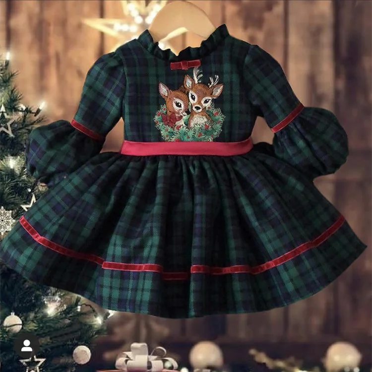 

0-12Y Baby Girl Autumn Winter Green Plaid Deer Embroidery Vintage Spanish Princess Ball Gown Dress for Christmas Eid Causal