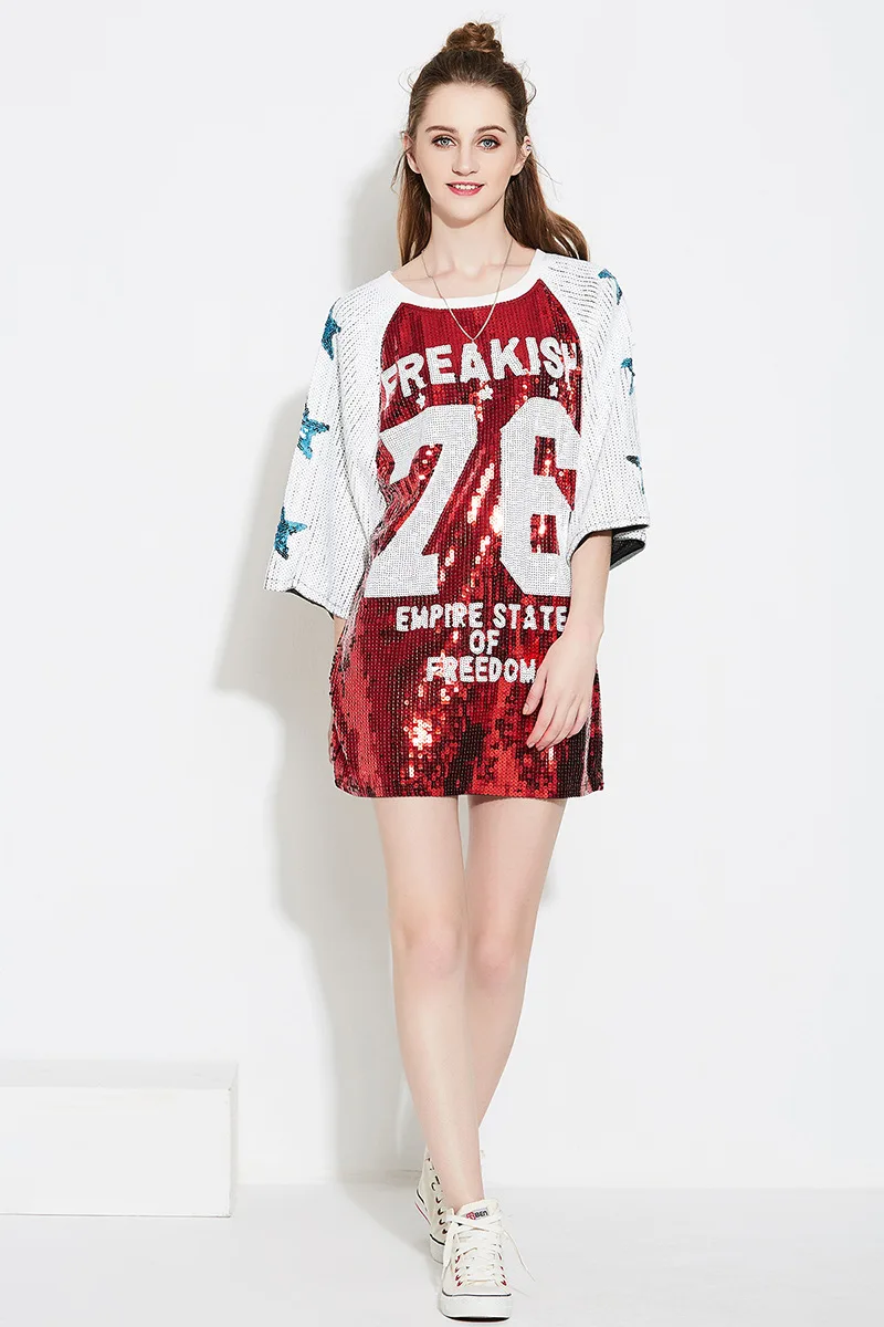 

Oversized loose sequined T-shirts stage performance nightclub ds hip hop 76 digital O-neck collar Beads Casual Dress Streetwear