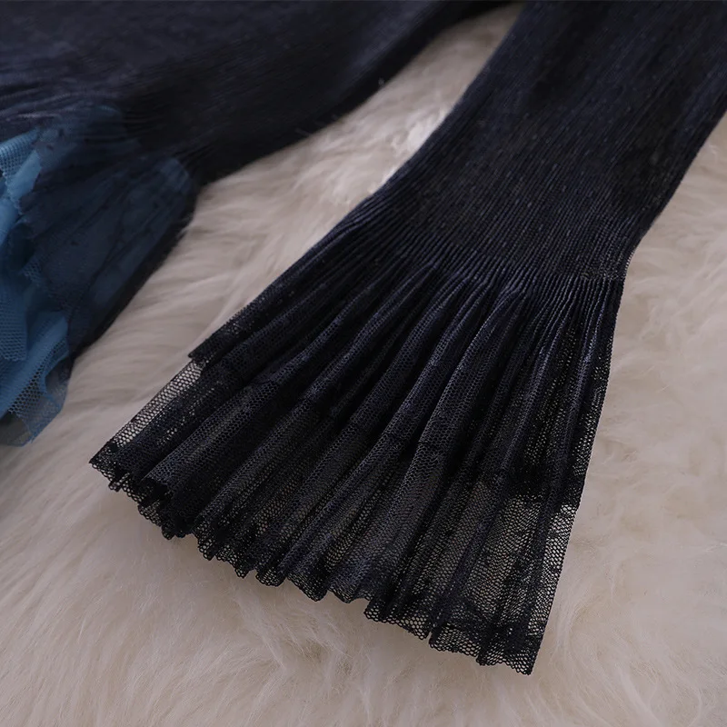 Women fashion autumn winter ruffles dress lace inset falre sleeve fit and flare cute dresses new blue