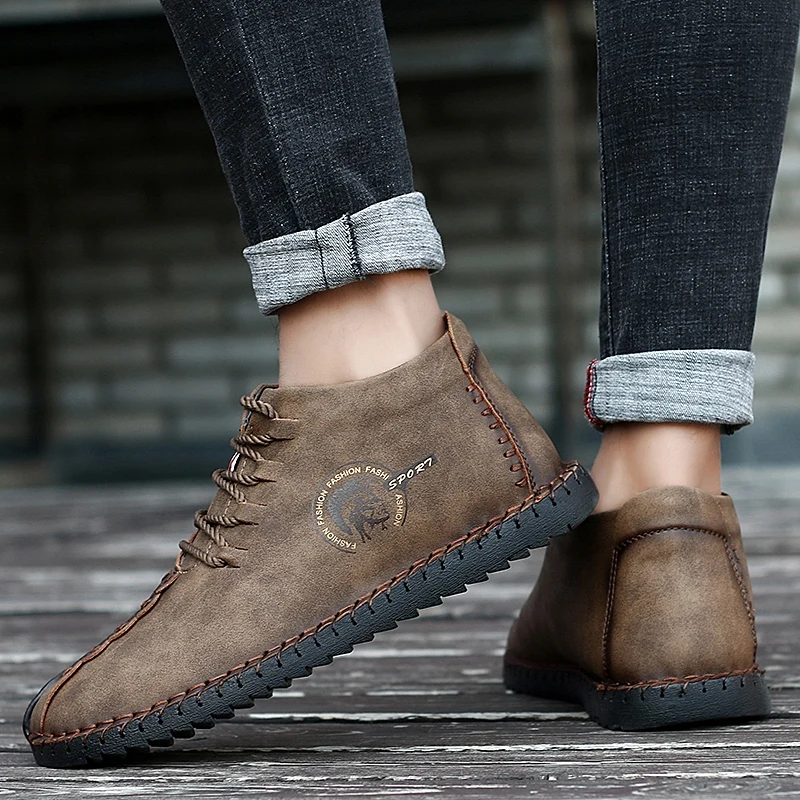 Зимняя мягкая мужская обувь на плоской подошве кожаные мужские ботинки высокие