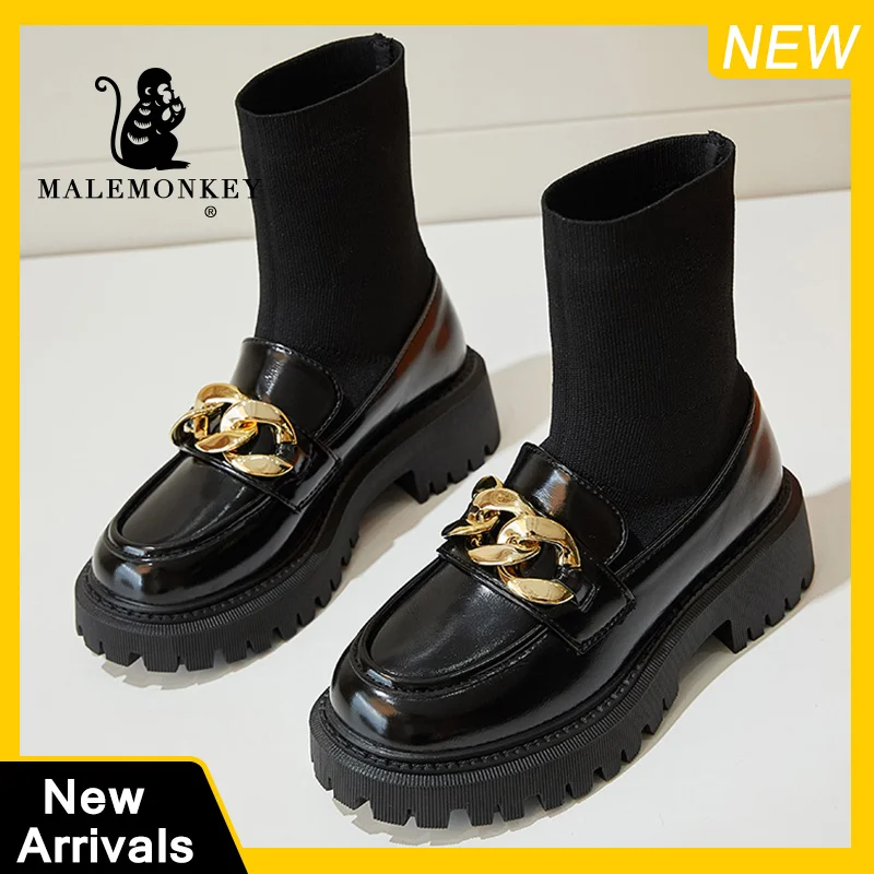 

Модные женские лоферы на платформе; Носки; Ботинки; Цвет Черный; Коллекция 2021 года; Сезон осень; Эластичные ботинки с круглым носком; botas de mujer;...