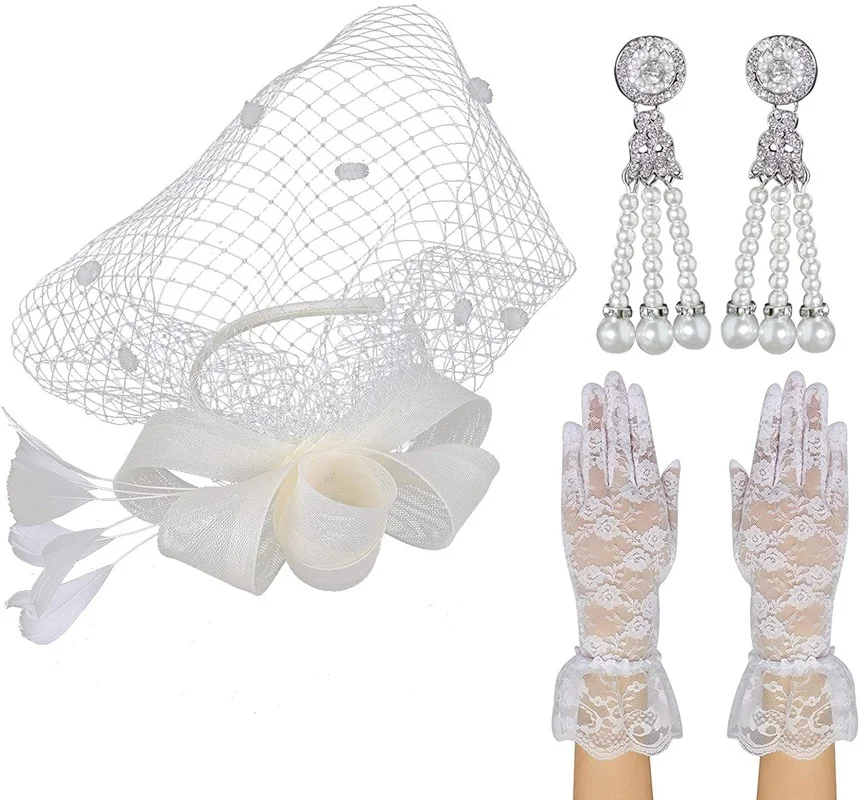 

Bowknot Fascinator Hat Feathers Veil Mesh Headband Wedding Hat with Clip and Hairband Fascinators Set for Women