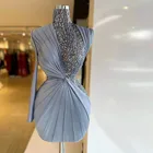 Женское атласное мини-платье, серое плиссированное платье с длинным рукавом и высоким воротом, расшитое бисером, для вечерние
