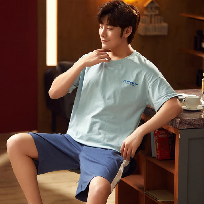 

L-3XL Plus Size Summer Knitted Cotton Men's Pajamas Sets Letter Print Tops Shorts Pajama Male Pajama Set Sleepwear Suit Homewear