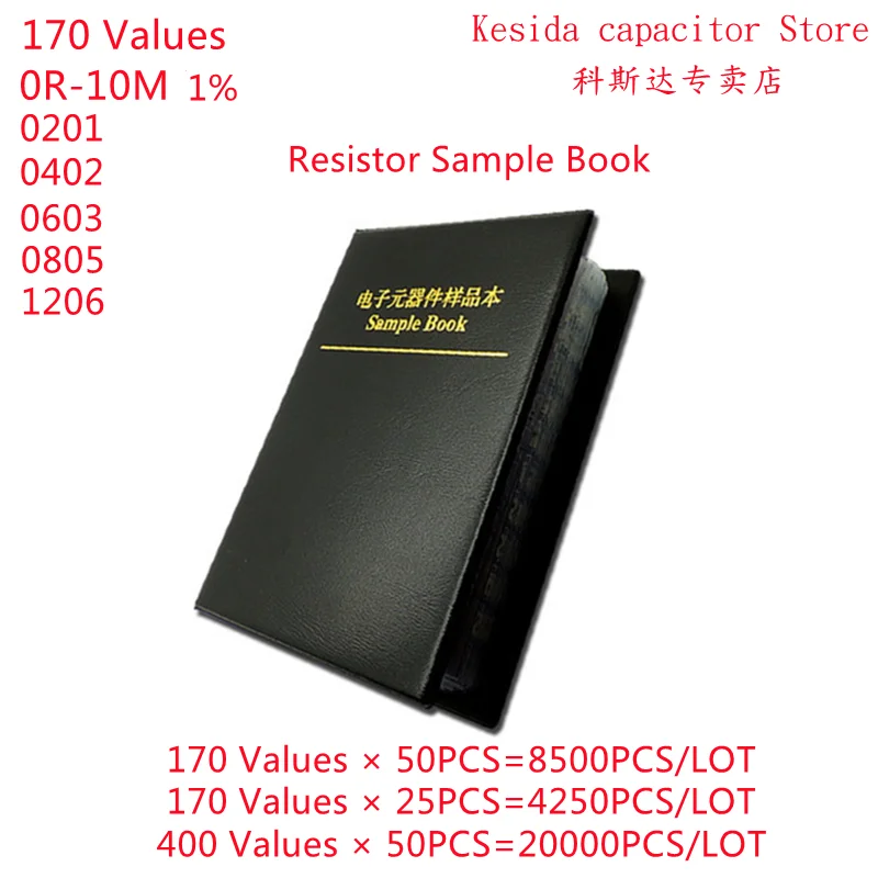 

Комплект резисторов Smd Book 0201 0402 0603 0805 1206 1%, набор ассортимента чиповых резисторов, стандартный образец Smd 170/400