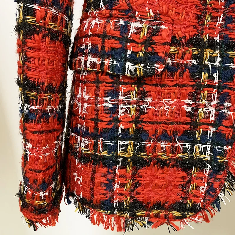 

DEAT Women Red Patchwork Plaid Fringe Blazer New Notched Long Sleeve Slim Fit Jacket Fashion Tide Spring Autumn 2021 7E0824