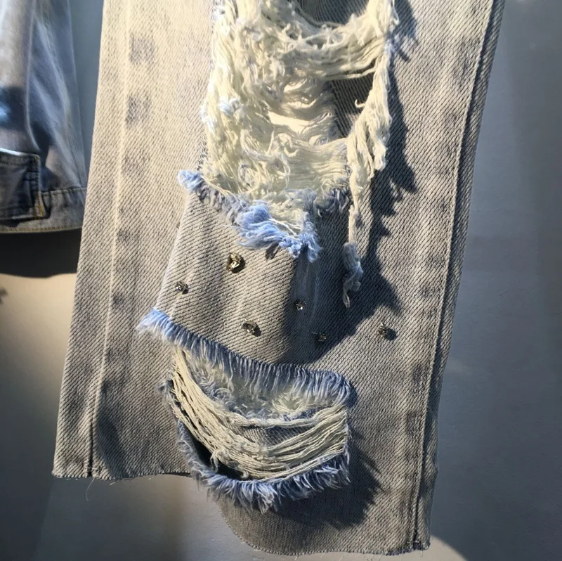 

2021 spring summer fashion diamond straight jeans women high waist hole washed jeans