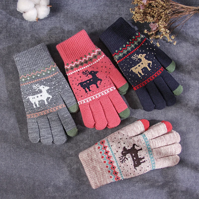 

Vintage Christmas Deer Knitted Gloves Women Thicken Touch Screen Gloves Winter Warm Snow Elk Full Finger Mittens Xmas Gift