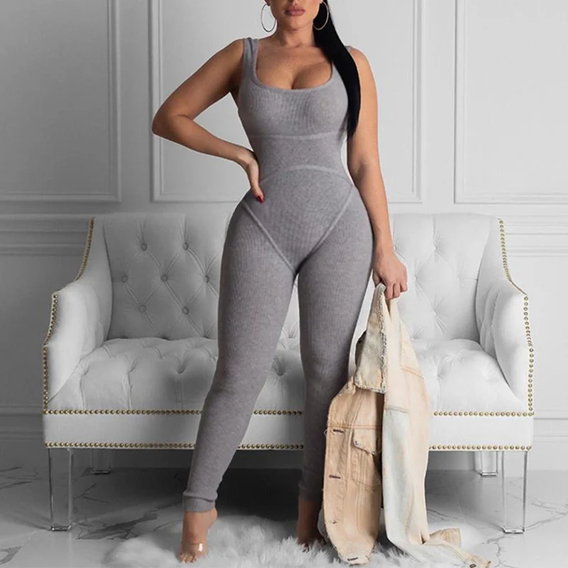 

Women Backless Thread Long Jumpsuit Sleeveless Casual Sleeveless Workout Fitness Slash Neck Jumpsuits 2021 Fashion Summer Romper