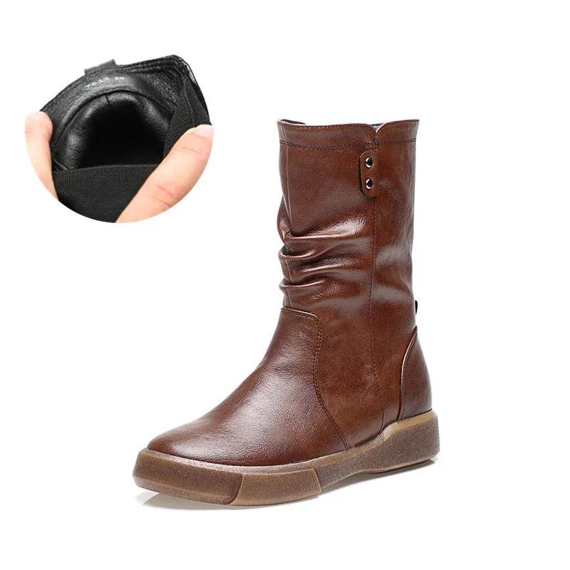 Leather inside Fletiter/женские ковбойские сапоги без застежки на массивном каблуке средней высоты; плиссированные сапоги до середины голени с круглым носком в западном стиле; сезон осень-зима; - Цвет: Leather inside