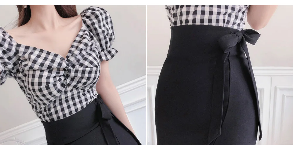 Женское платье с бантом модное в клетку и асимметричная юбка до середины бедра