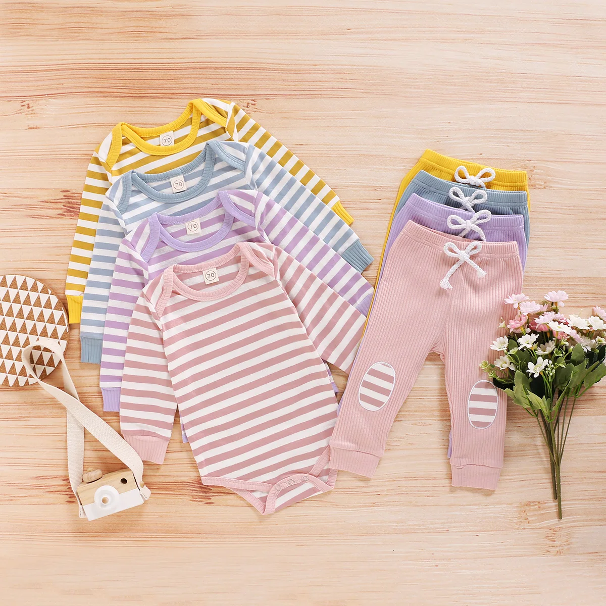 

2Pcs Baby Girls Boys Clothes Striped Outfit Long Sleeve Rompers + Solid Color Long Pants Set Baby Spring Autumn Clothing 0-24M