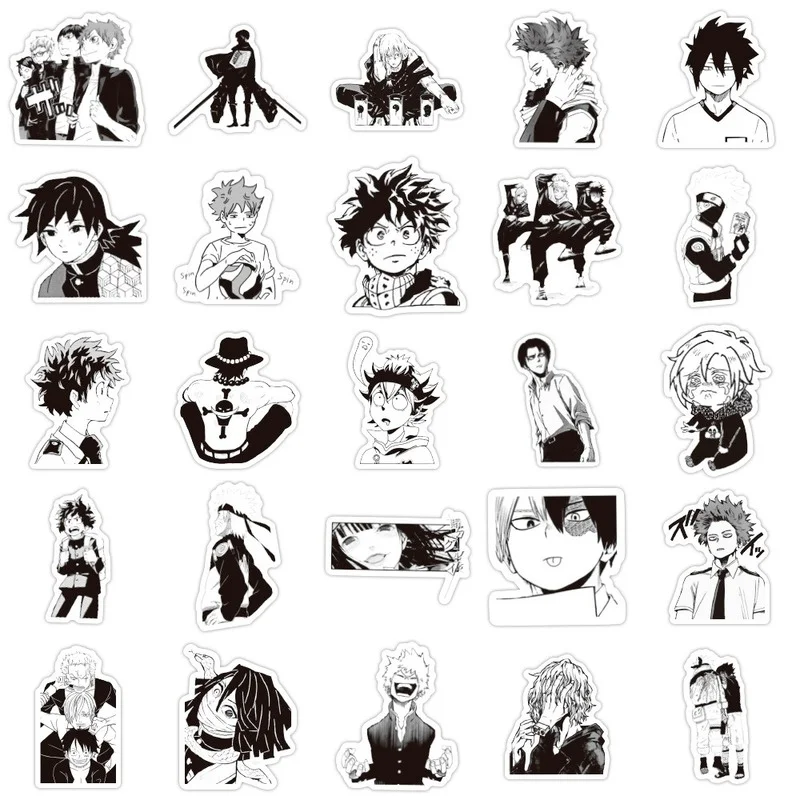 

100pcs Black and White Cartoon Japanese Comics Mixed Pack Demon Slayer Attack on Titan My Hero Academia Luggage Notebook Sticker