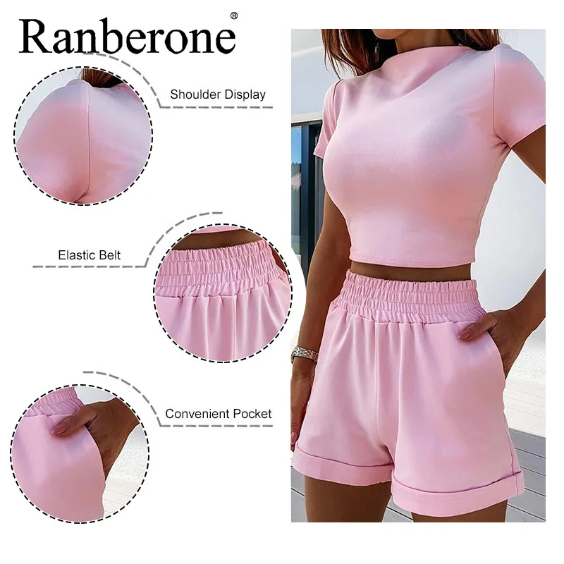 Ranberone Women's Tracksuit Sexy Gym Set Women Workout Shorts Sports Suit Casual Fitness Sportswear Running 2 Piece Yoga Set