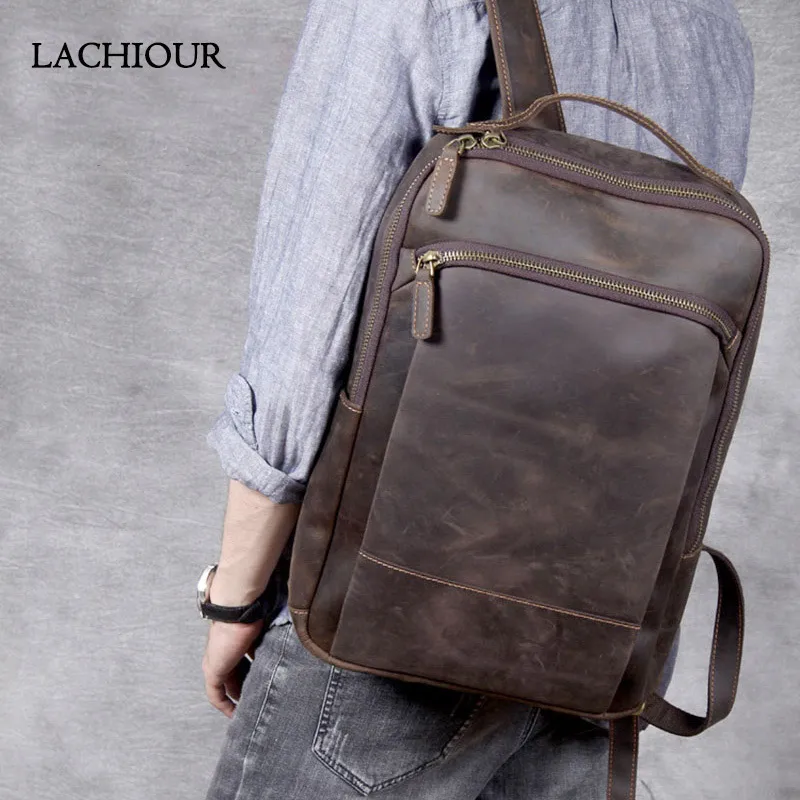 Men Genuine Leather Backpack Male Crazy Horse Leather Shoulder Bag Travel Rucksack School Laptop Bags Men's Backpacks