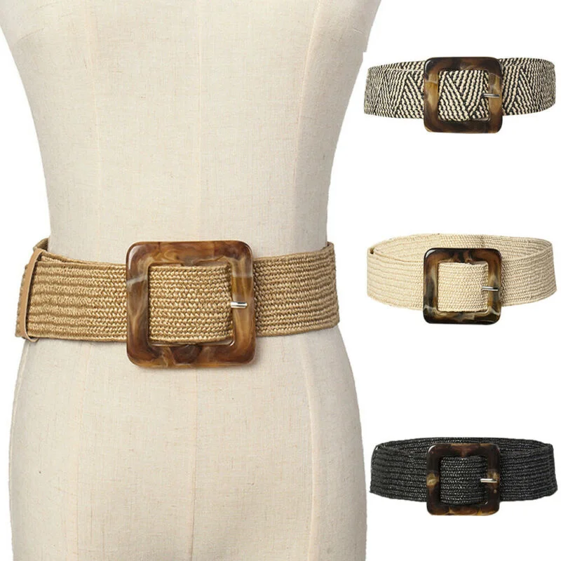 

Female Belt Ultra-wide Casual Straw, Female Woman's Belt Vintage Fabric Engraved Elastic Buckle Wood Decoration Dress Shirt