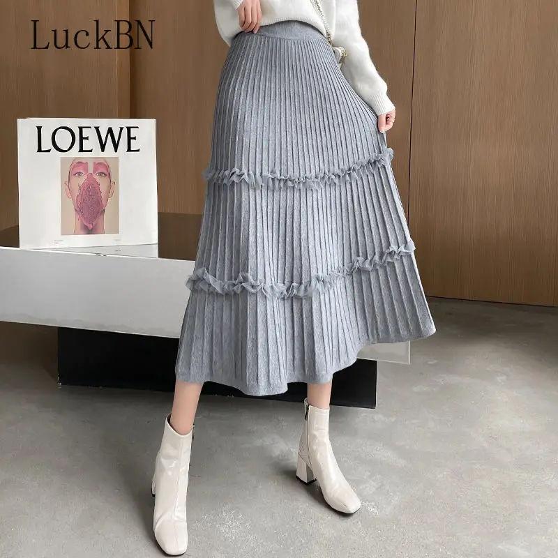 

Autumn Winter Women Clothing Knitted Skirt 2021 Korean Casual Solid Gray A Line High Waist Pleated Midi Long Skirt Female Ladies