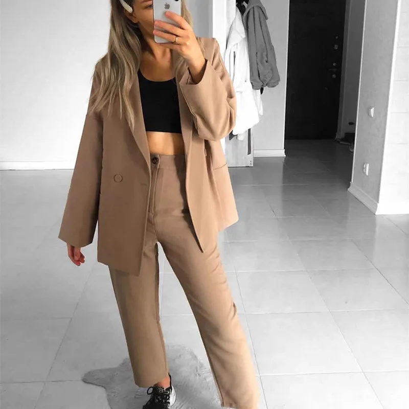 Женский офисный костюм HziriP блейзер цвета хаки с отложным воротником и брюки