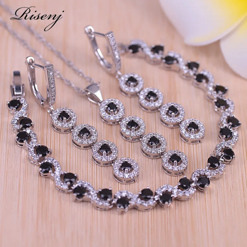 Женские серьги-подвески Risenj серебристые с кубическим цирконием браслет и