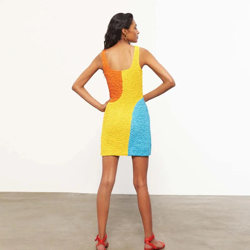 

2021 Summer Patchwork Knitted Spaghetti Strap Dress Women Fashion Bodycon Sleeveless Square Neck Beyonc Beach Party Dresses Y2K