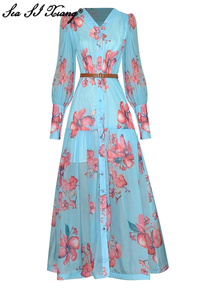 

Seasixiang Fashion Designer Spring Maxi Dress Women V-Neck Lantern Sleeve Sashes Flowers Print Single Breasted Bohemian Dress