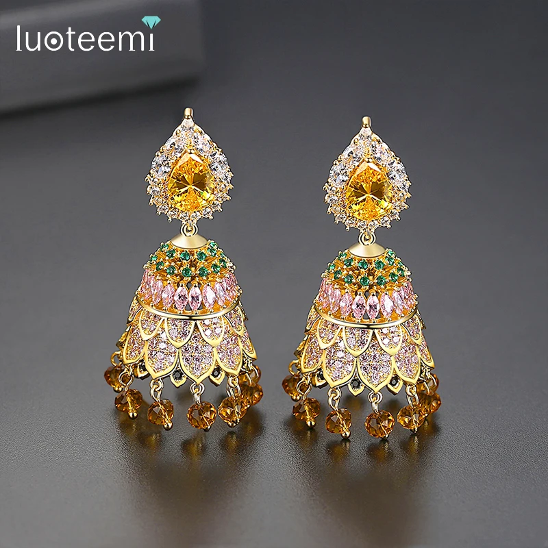 

LUOTEEMI Gold Color Indian Style Bell Shape Big Dangle Drop Earrings for Wome Wedding Party Colorful CZ Fashion Jewelry Brincos