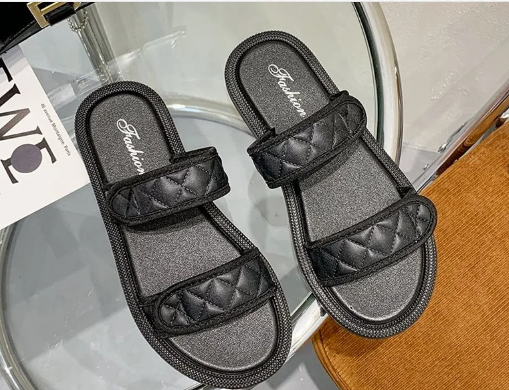 

Summer Women Leather Slippers Platform Wedges Thick Sole Black Beach Outdoor Slides Casual Sexy Sandals Ladies Shoes
