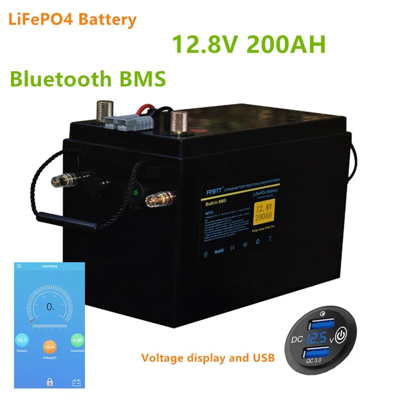12V 200AH LiFePO4 батарейный блок с bluetooth BMS 12 8 v lifepo4 литиевая батарея 200ah 20A зарядное