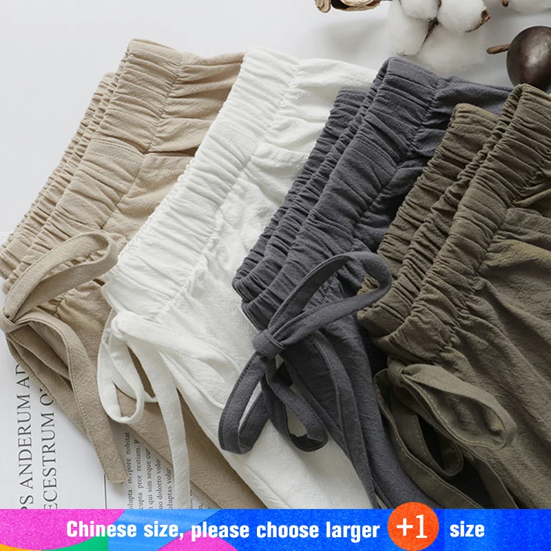 

Pantalones cortos de lino para mujer,cortos e informales de material de algodon y lino,de cintura alta, talla grande disponible