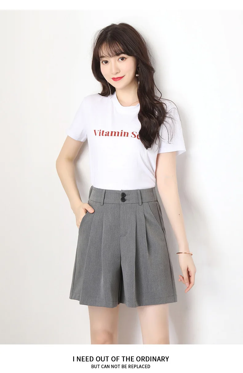 

Suit Shorts Women Summer Loose High Waist Pleated Wide Leg Short Pants Office Lady Elegant Plus Size Black/gray Casual Shorts