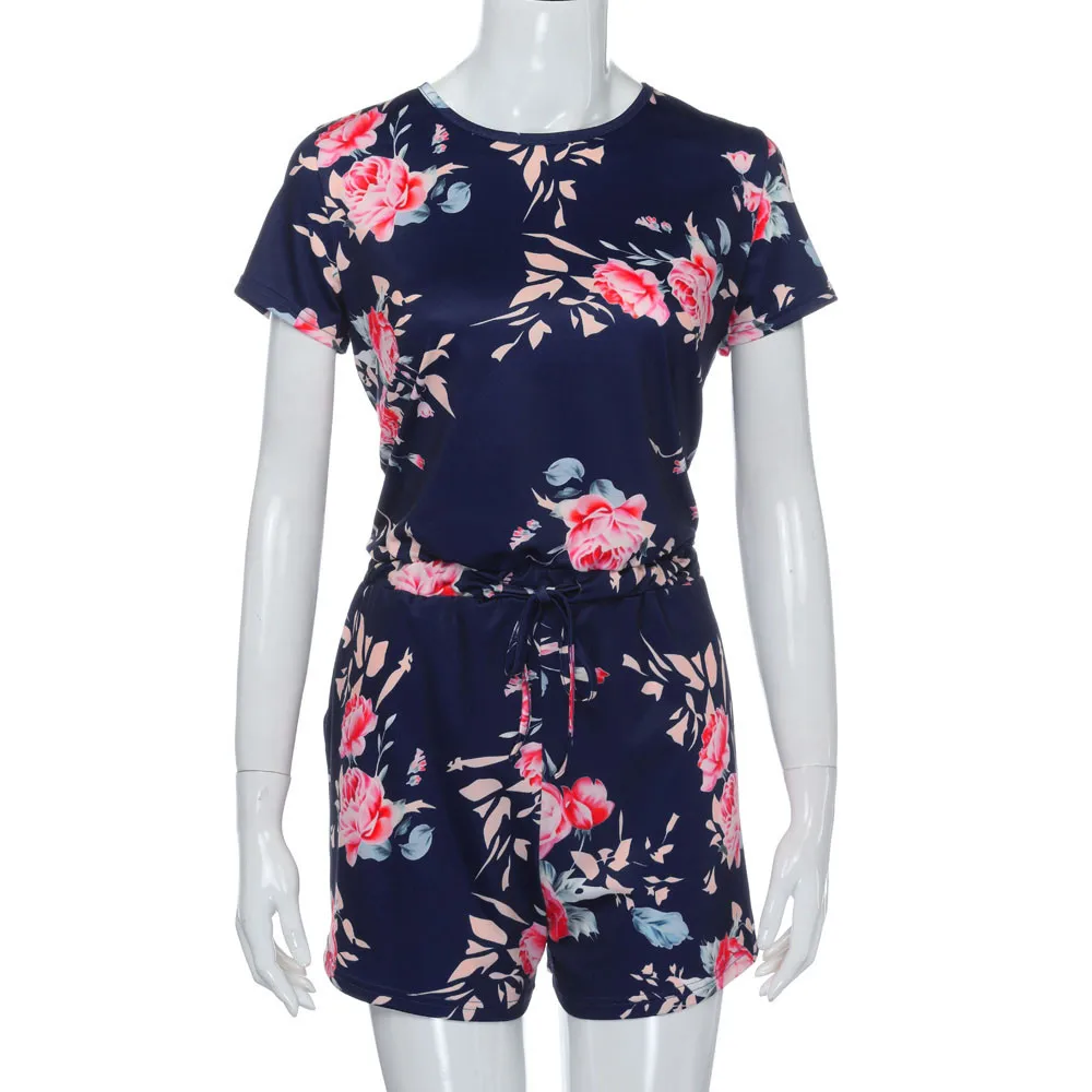 2018 женский комбинезон с цветочным принтом и v-образным вырезом коротким рукавом