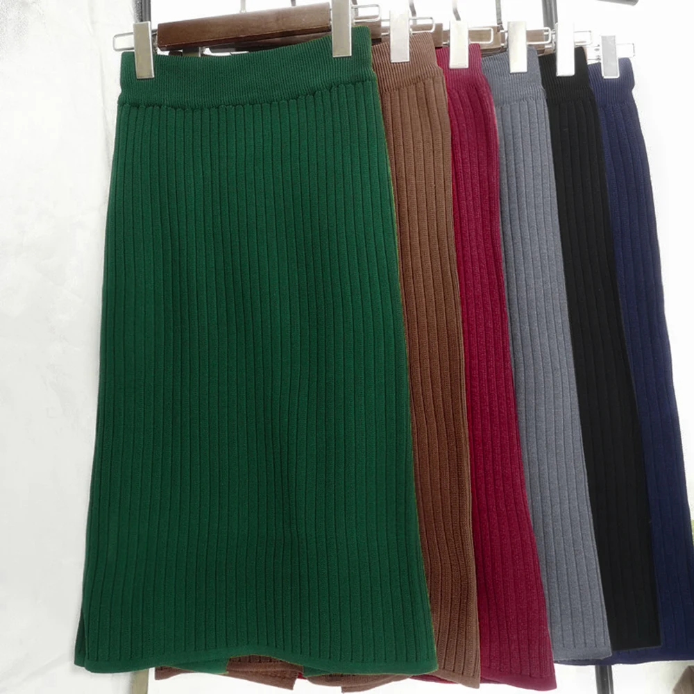 Женские осенние зимние теплые юбки 2019 Новые однотонные трикотажные прямые