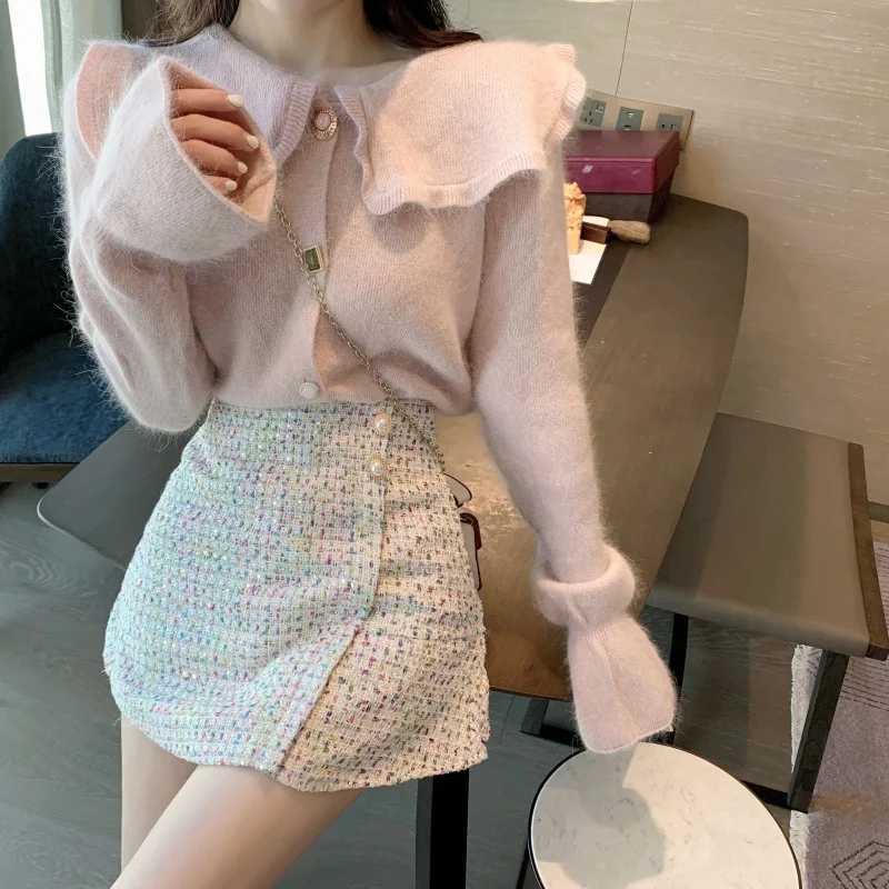 

Diamond buckle super fairy brim doll brought cardigan sweater female white dust tweed small sweet sweet wind skirts