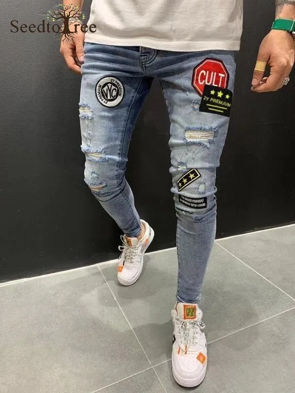 Hole Casual Men's Jeans Slim Denim Trousers Ankle Length Pencil Pants