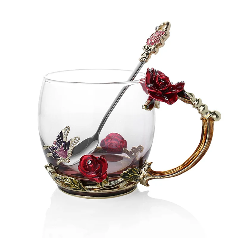 

Enamel Coffee Tea Cup Mug 3D Rose Butterfly Glass Cups Wedding Gift SEC88