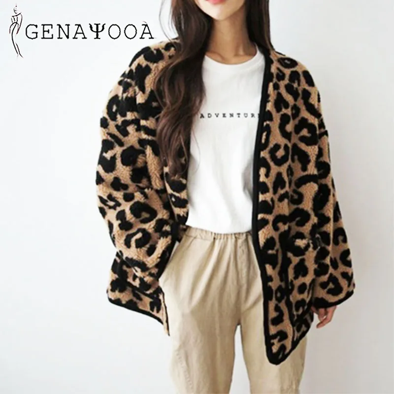 

Genayooa 2020 Winter Coat Women Thicken Warm Teddy Fur Jacket Lady Casual Fashion Leopard Overcoat Fluffy Cozy Loose New