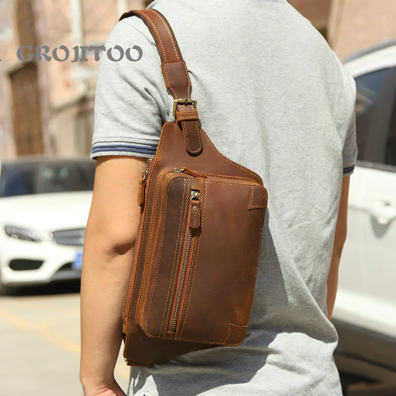 GROJITOO Shoulder Messenger Bag crazy horse leather men's  leisure zipper waist bag Genuine leather men's chest bag