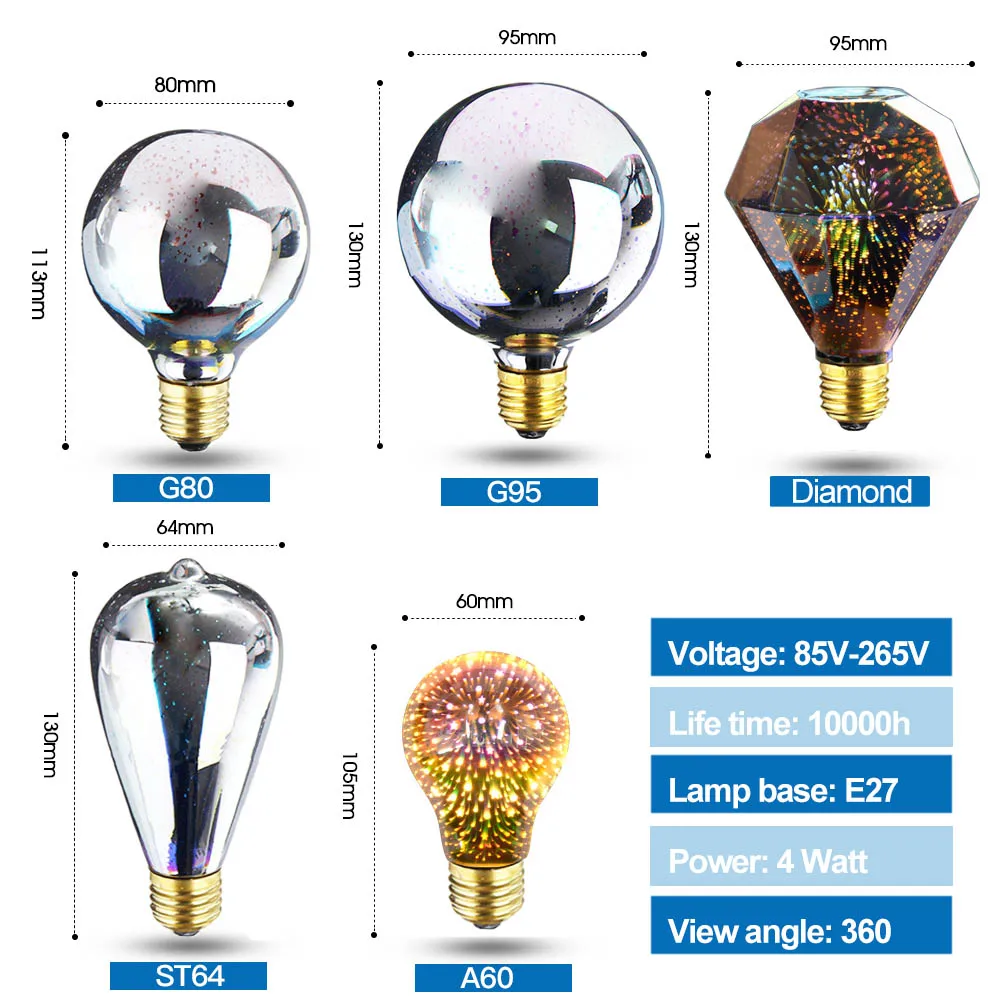 Светодиодная лампа E27 3D украшение лампы фейерверк 110 220V ST64 G95 G80 G125 A60 бутылка сердце Праздничные огни Новинка Рождественская лампа
