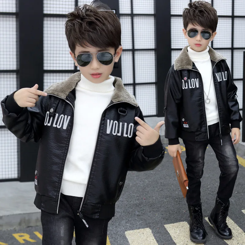 

Boys Faux Leather Jacket Winter Coat Plus Velvet Thick Fashion Fur Collar Pu Leather Jackets 2021 New High Quality